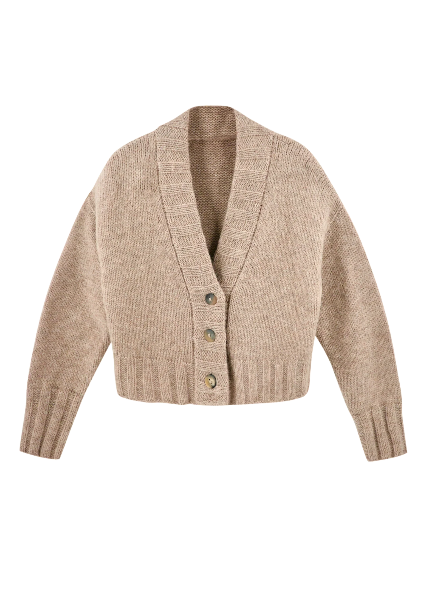 Kurz geschnittener Strickcardigan mit drei Knöpfen aus nachhaltiger Baby‑Alpakawolle in Kamelfarbe