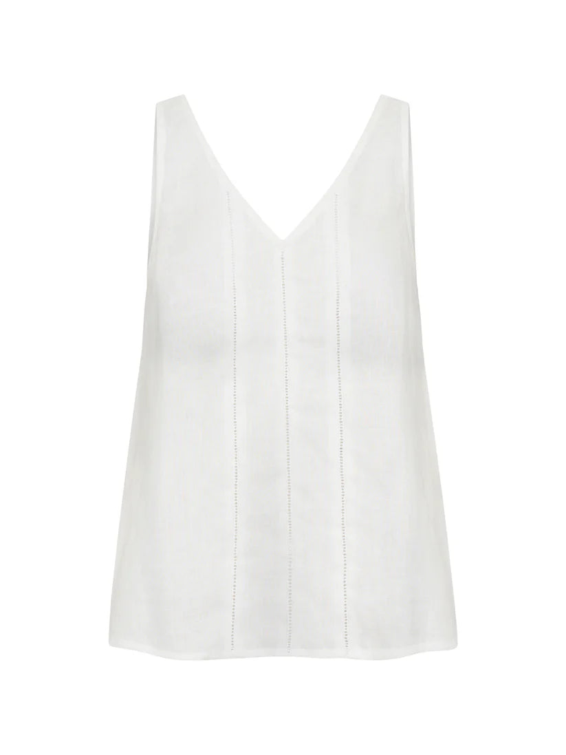 V‑ausschnitt Leinen‑Tanktop mit dezenten Spitzenakzenten und geschwungenem Saum