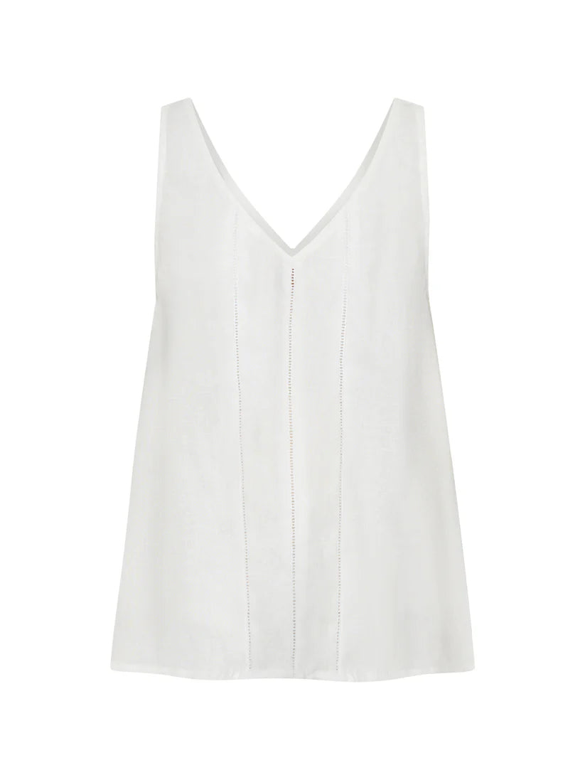 V‑ausschnitt Leinen‑Tanktop mit dezenten Spitzenakzenten und geschwungenem Saum