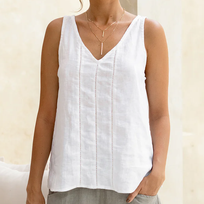 V‑ausschnitt Leinen‑Tanktop mit dezenten Spitzenakzenten und geschwungenem Saum