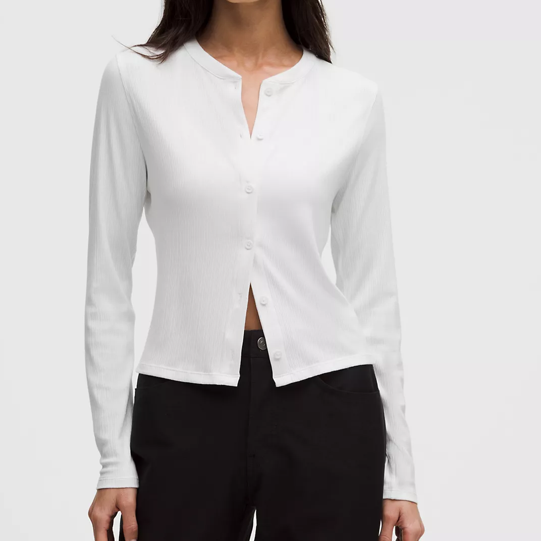 Taillenlanger schmal geschnittener Cardigan aus atmungsaktiver Mikrorippenware mit vierfacher Dehnbarkeit
