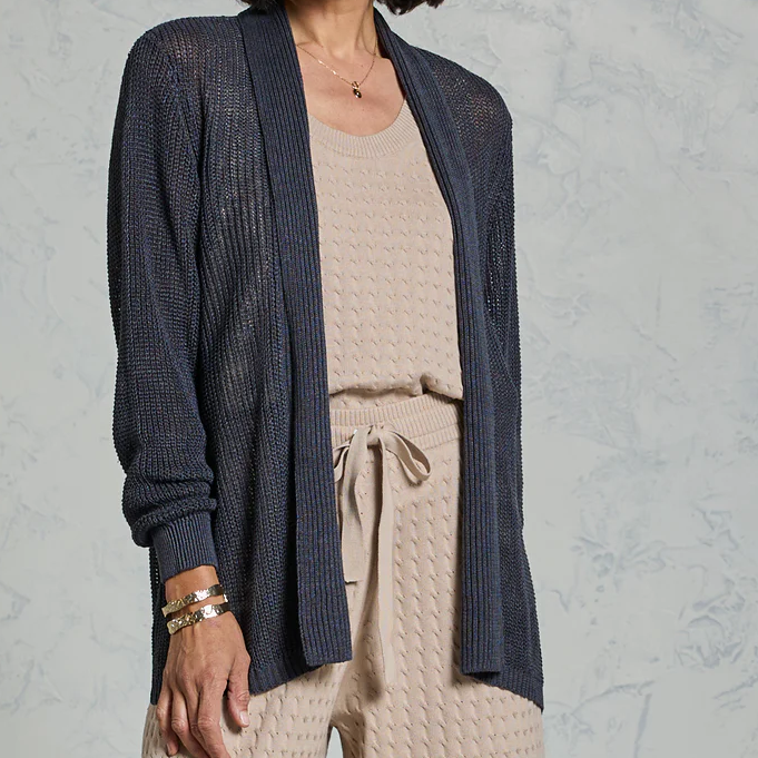 Übergroßer offener Strickcardigan aus biologischer französischer Leine mit A‑Linien‑Schnitt und Schalkragen