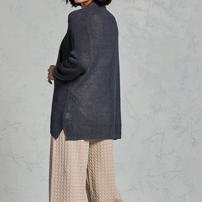 Übergroßer offener Strickcardigan aus biologischer französischer Leine mit A‑Linien‑Schnitt und Schalkragen