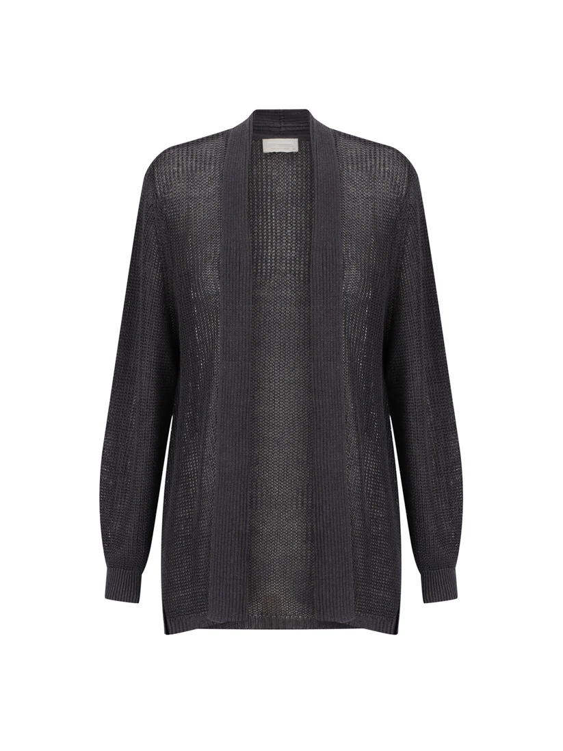 Übergroßer offener Strickcardigan aus biologischer französischer Leine mit A‑Linien‑Schnitt und Schalkragen